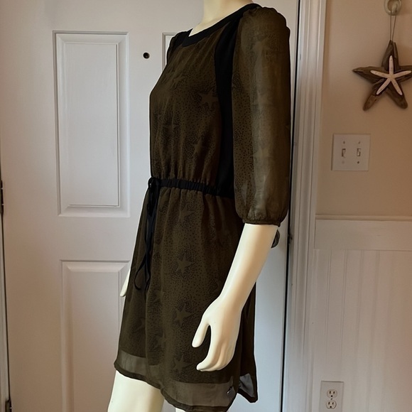 MISMASH Olive Green & Black Star Print Bohemian Drawstring Waist Dress M - Picture 2 of 12